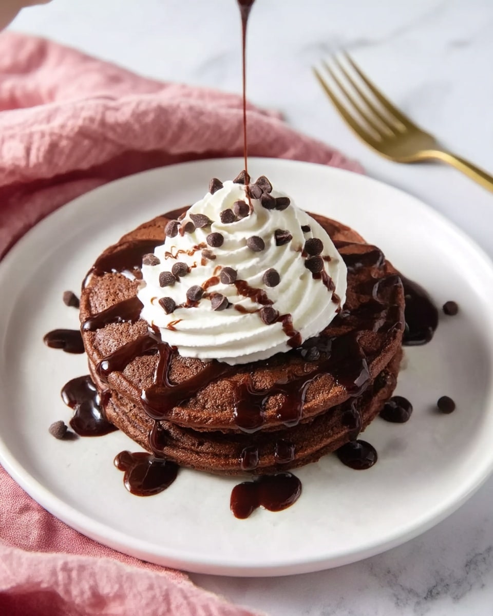 A white plate with two stacked dark brown chocolate pancakes covered with a drizzle of shiny dark chocolate syrup, topped in the center with a swirl of white whipped cream sprinkled with small dark chocolate chips; the plate is on a white marbled surface with a pink cloth and a gold fork nearby, a woman's hand holding the fork slightly visible at the top left. photo taken with an iphone --ar 4:5 --v 7