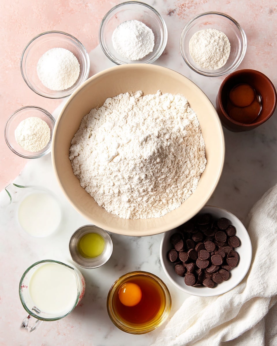 A large beige bowl in the center holds a mound of white flour with a slightly rough texture. Around the bowl, on a white marbled surface, are small clear glass bowls with white powders and a small brown cup filled with dark round chocolate pieces. A clear measuring cup filled with white milk sits near the bottom center, with a small metal cup of pale yellow oil beside it. At the right, a white bowl contains two raw eggs with bright yellow yolks floating in clear egg whites, and nearby is a white bowl full of dark brown round chocolate pieces. A small clear cup filled with amber-colored vanilla extract is at the bottom. A white cloth is partially under the bowls and cups. The photo taken with an iphone --ar 4:5 --v 7