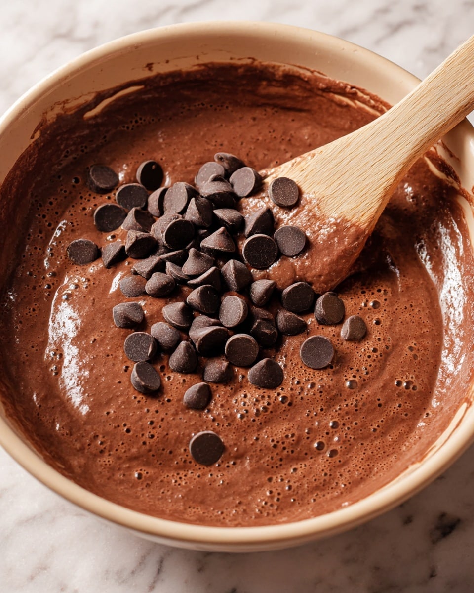 A close-up view of a bowl filled with thick, bubbly chocolate batter in a light beige bowl, with dark chocolate chips scattered on top and partially mixed in. A wooden spatula covered with the batter rests inside the bowl, showing the smooth and creamy texture. The scene is set on a white marbled surface. photo taken with an iphone --ar 4:5 --v 7