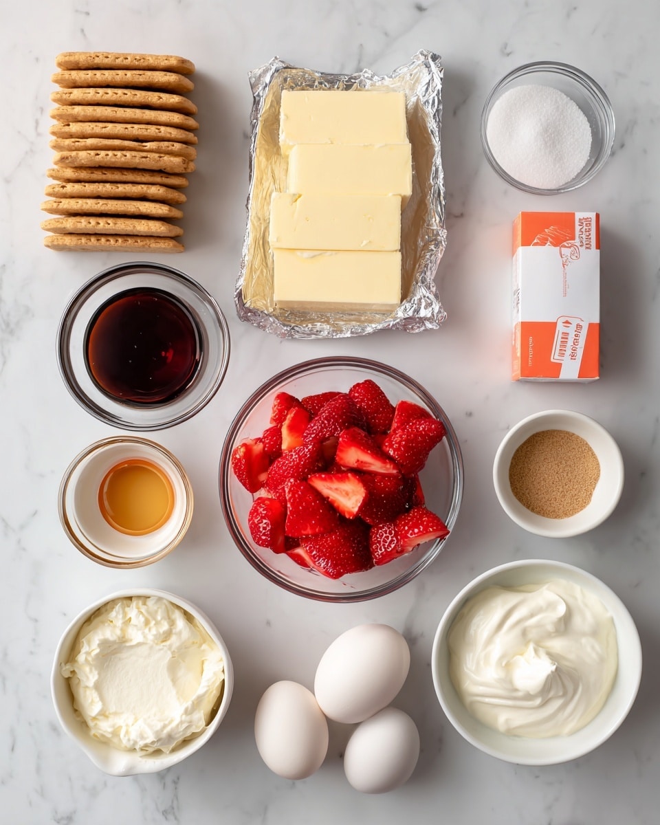 A top view of ingredients arranged neatly on a white marbled surface, each in a small container or directly displayed: a stack of light brown graham crackers on the left, two foil packs of cream cheese above the center, a clear bowl filled with chopped red strawberries in the middle, a small white bowl with dark brown vanilla extract on the left, a glass cup with white sugar on the top right, a white bowl holding two white eggs below the sugar, a stick of butter wrapped in orange and white paper to the right of the eggs, a white measuring cup with thick white sour cream near the bottom right, a small white bowl with light brown brown sugar in the bottom center, and a small white bowl with pale lemon juice on the bottom left. Photo taken with an iphone --ar 4:5 --v 7