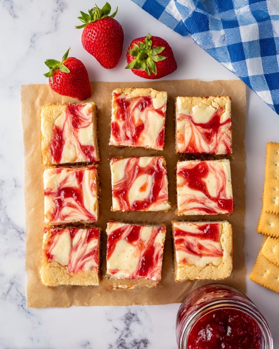 The image shows nine square pieces of cheesecake bars arranged in three rows and three columns on brown parchment paper, placed on a white marbled surface. Each bar has two layers: a light tan crumbly base and a creamy cheesecake top with red and white swirled strawberry jam creating a marbled effect. Three whole red strawberries with green leaves are placed above the bars, a blue and white checkered cloth lies in the upper right corner, and partially visible graham crackers are stacked in the lower left corner. A glass jar filled with chunky red strawberry jam sits at the bottom right corner. photo taken with an iphone --ar 4:5 --v 7