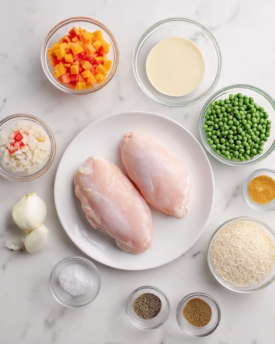Two raw pale pink chicken pieces sit in the center of a white plate. Around them, there are small clear glass bowls filled with different ingredients: one with bright orange cubed vegetables, one with small red cubes, one with cream-colored liquid, one with white chopped onions, one with green peas, one with grated pale yellow cheese, one filled with uncooked white rice, and three small bowls with white salt, black pepper, and light brown dried herb powders. All are placed on a white marbled surface. photo taken with an iphone --ar 4:5 --v 7