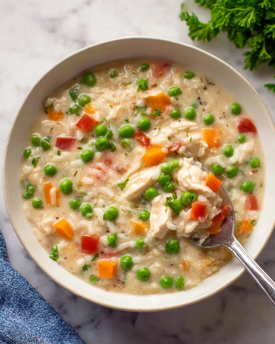 A white bowl filled with creamy chicken and rice soup is shown, featuring soft white rice mixed with chunky pieces of white chicken and bright green peas spread evenly throughout. There are small, tender cubes of orange and red bell peppers adding color across the thick, light beige soup base. A shiny silver spoon rests on the right side, partially dipped into the soup, holding a mix of chicken, rice, and vegetables. The bowl sits on a white marbled surface with some green parsley blurred in the background and a blue and white cloth partially visible in the corner. photo taken with an iphone --ar 4:5 --v 7