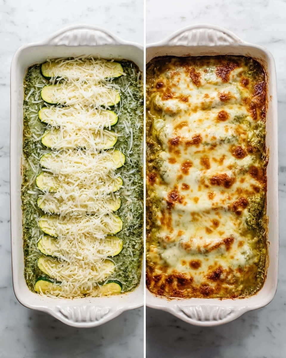 The image shows two side-by-side views of a white rectangular baking dish with scalloped edges, placed on a white marbled surface. Inside the dish is a layered dish with visible slices of green zucchini arranged in a row, covered by a green sauce likely made from herbs or spinach. The left side shows the dish before baking, with a thick layer of shredded white cheese evenly spread on top. The right side shows the dish after baking, where the cheese has melted and turned golden brown with some small toasted spots, creating a bubbly texture on top. The dish's sauce has browned slightly around the edges, adding a rich color contrast. Photo taken with an iphone --ar 4:5 --v 7