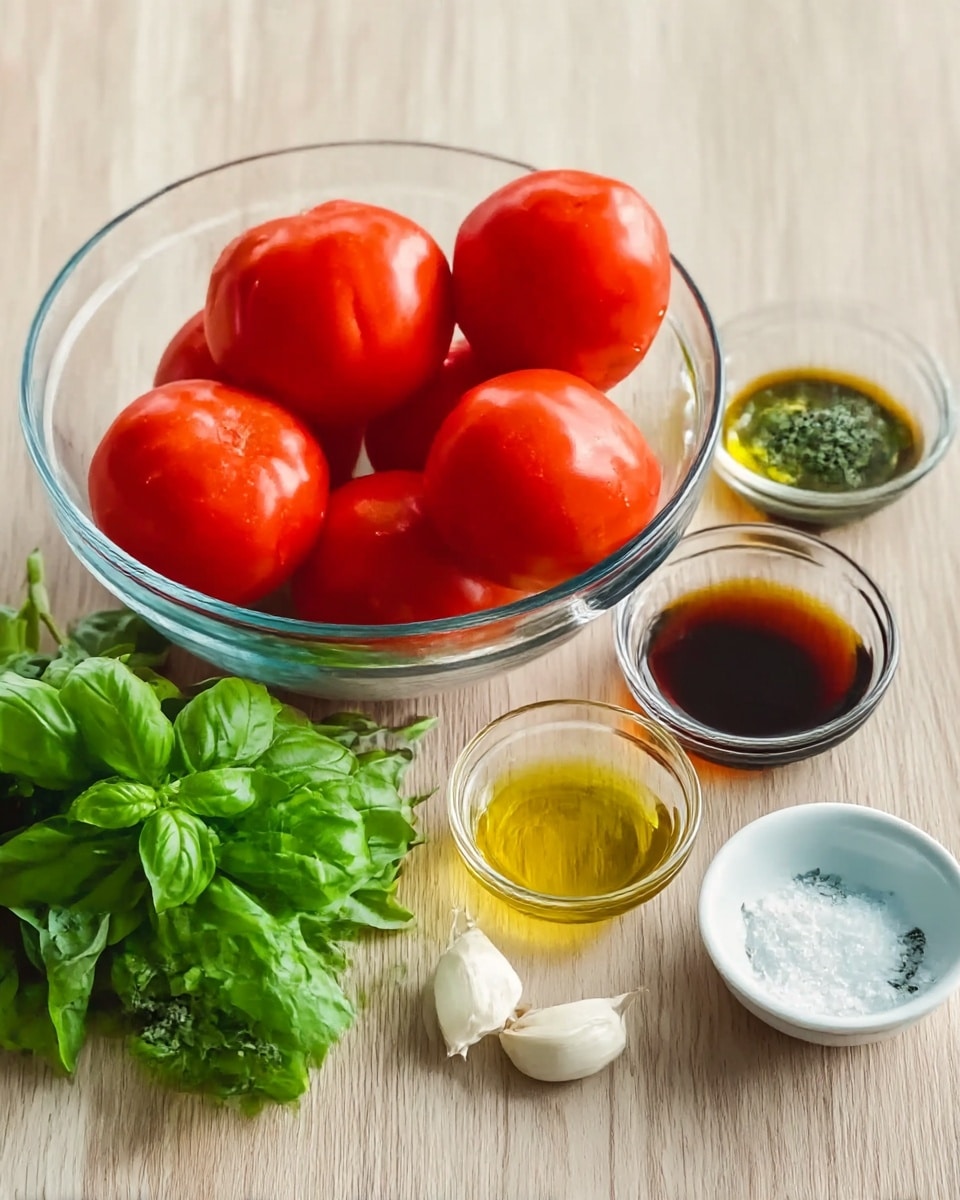 The image shows a clear glass bowl filled with six bright red tomatoes sitting on a light wooden table. In front of the bowl, there is a bunch of fresh green basil leaves. To the right of the tomatoes, there are three white garlic cloves placed near small transparent glass bowls with different liquids—one light yellow and one dark brown. There are also two small white bowls, one with green dried herbs and the other with white salt. The setup is neat and all items are arranged on a light wooden surface. photo taken with an iphone --ar 4:5 --v 7