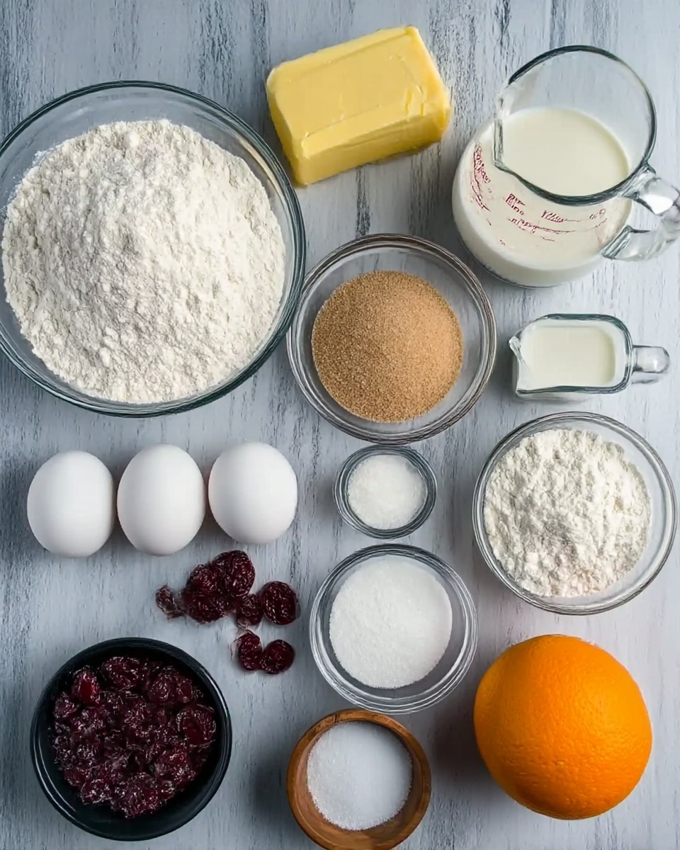 A top view of various baking ingredients arranged neatly on a white marbled surface. On the left side, there is a large glass bowl filled with white flour. Above it, a rectangular block of yellow butter is placed. To the right of the bowl, a clear glass measuring cup holds white milk. Beside it, there is a small round glass bowl filled with light brown sugar. Below the milk, a small black bowl is filled with dark red dried cranberries. In the middle, there are two white eggs placed side by side. Near the eggs, a small glass bowl holds white granulated sugar, and next to it, a smaller bowl contains white baking powder. Below the baking powder, a small wooden bowl has a small amount of white salt. At the bottom right corner sits a bright orange whole orange fruit, and beside it is another glass bowl filled with white powdered sugar. photo taken with an iphone --ar 4:5 --v 7