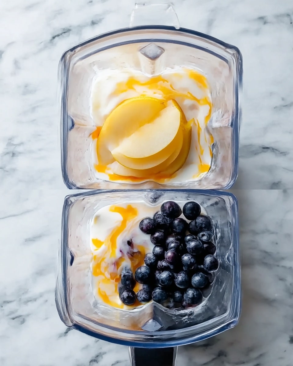 The images show a clear blender container on a white marbled surface, with three different layers added one by one. The first layer is a thick white yogurt with bright orange streaks swirled on the surface. The second layer adds a few slices of light yellow pear resting on top of the yogurt, with the orange streaks still visible around the edges. The third layer is a pile of small round dark blue and purple blueberries filling the container above the pears, contrasting strongly with the lighter layers below. photo taken with an iphone --ar 4:5 --v 7