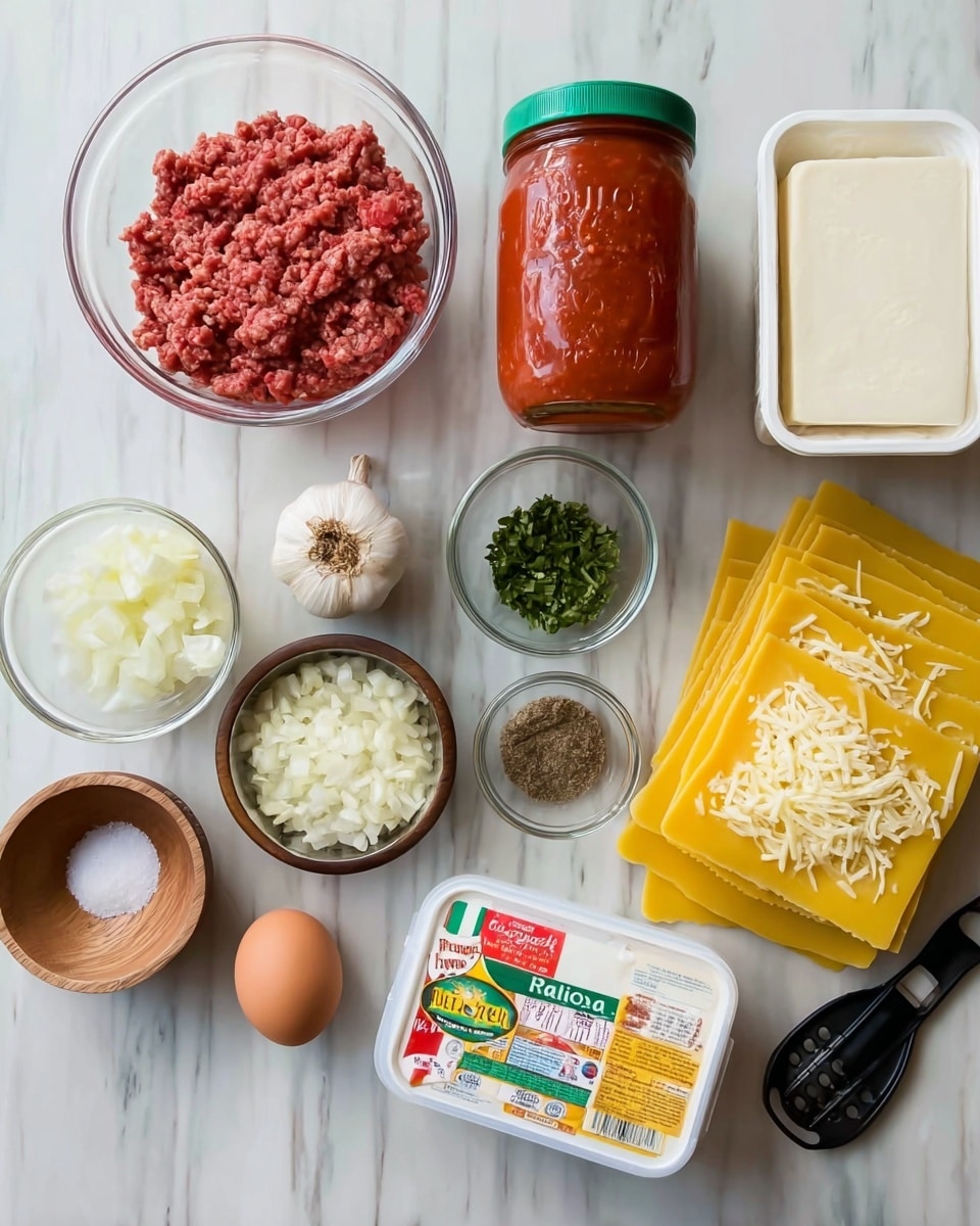 The image shows ingredients for a lasagna neatly arranged on a white marbled surface. On the left, there is a clear glass bowl filled with raw ground meat, and below it, a small white bowl with chopped onions. Next to the onions are three cloves of garlic, a brown wooden bowl with salt, and a single brown egg. In the middle, there is a large jar of red marinara sauce with a green lid, and above it, a small green bowl with green herbs. Beside the green bowl is a smaller clear glass bowl with more herbs. To the right, there is a block of white mozzarella cheese and a white container of ricotta cheese with colorful labeling. Far right, there are five uncooked yellow lasagna sheets stacked together, topped by a black measuring spoon filled with shredded cheese. Photo taken with an iphone --ar 4:5 --v 7
