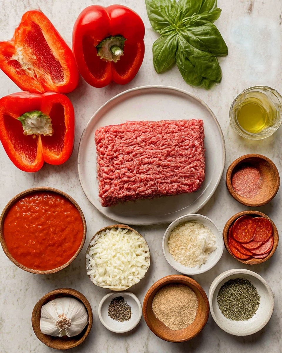 The image shows ingredients arranged neatly on a white marbled surface, ready to make stuffed red bell peppers. There are four red bell peppers cut in half lengthwise, exposing their smooth inner texture. On a white plate sits a block of raw ground meat with a soft, uneven texture and light red color. Bowls around include vibrant red tomato sauce with a thick, smooth consistency; small round slices of pepperoni in a wooden bowl; diced white onions in another wooden bowl; grated cheese in a white bowl with a fluffy texture; light brown and beige powders in small ceramic bowls; green dried herbs in a shallow dish; salt and pepper mix in another small bowl; and two cloves of garlic in a tiny ceramic dish. Fresh basil leaves and a small container of olive oil complete the scene. Photo taken with an iphone --ar 4:5 --v 7
