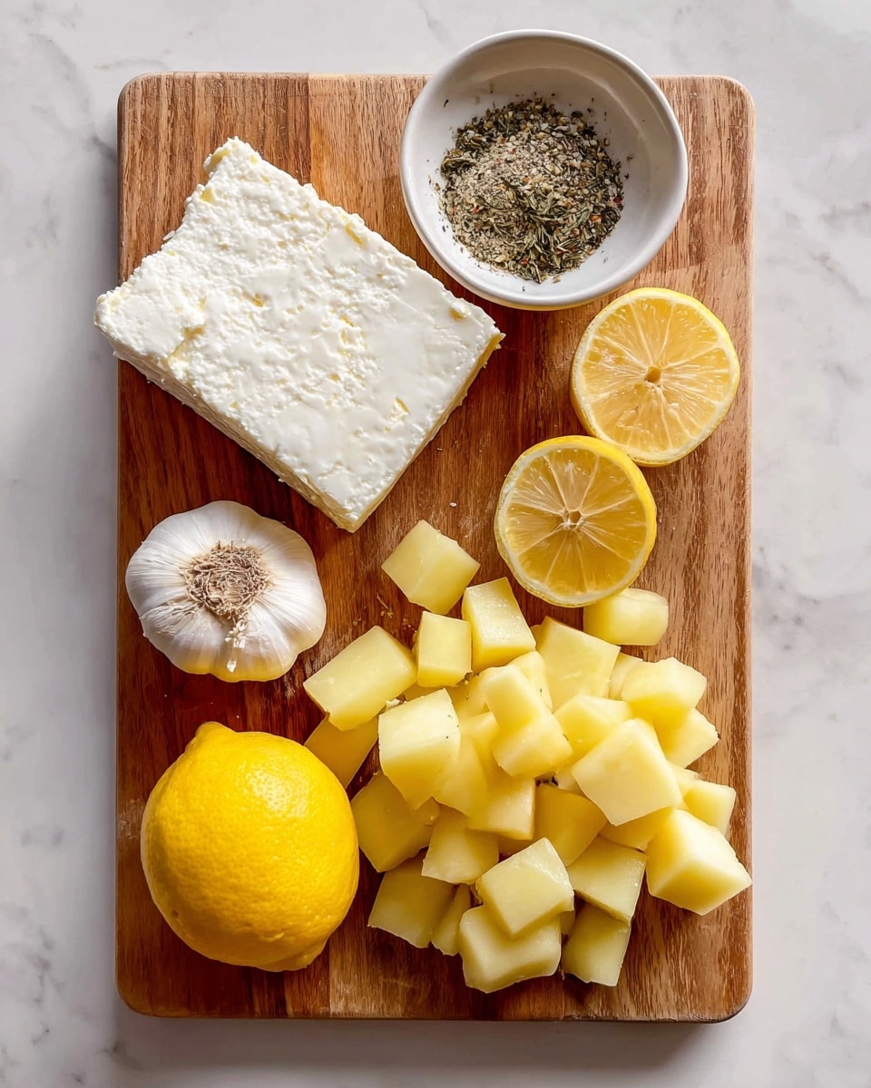 A wooden board on a white marbled surface holds several cooking ingredients arranged neatly: a large rectangular block of white feta cheese with a soft, slightly crumbly texture sits on the top left, next to a small white bowl filled with dry seasonings that appear to be coarse salt and various herbs. To the right of the bowl are two halves of a bright yellow lemon, one near the bowl and the other towards the bottom left. In the center is a halved head of garlic, showing its off-white cloves tightly packed together. The bottom right side of the board is filled with roughly chopped yellow potatoes, cut into chunky cubes with smooth surfaces. The whole scene is well-lit and clear, photo taken with an iphone --ar 4:5 --v 7