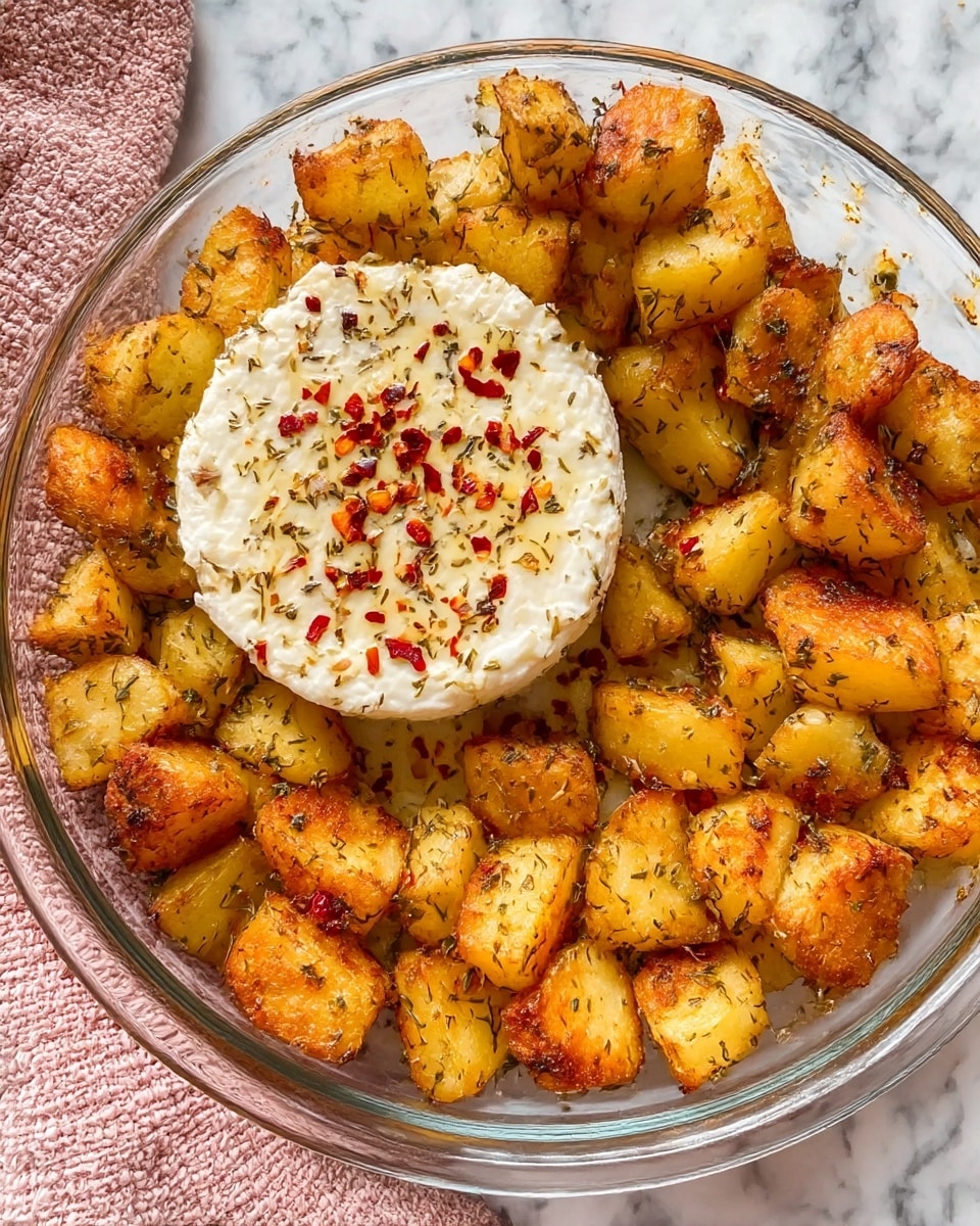 A clear glass round dish filled with golden roasted potato chunks arranged in a ring around the edge, each piece crispy with browned edges and sprinkled with herbs. In the center, there is a round slice of soft white cheese topped with cracked black pepper and red chili flakes. The dish is placed on a white marbled surface with a light pink textured cloth peeking from the left side. photo taken with an iphone --ar 4:5 --v 7