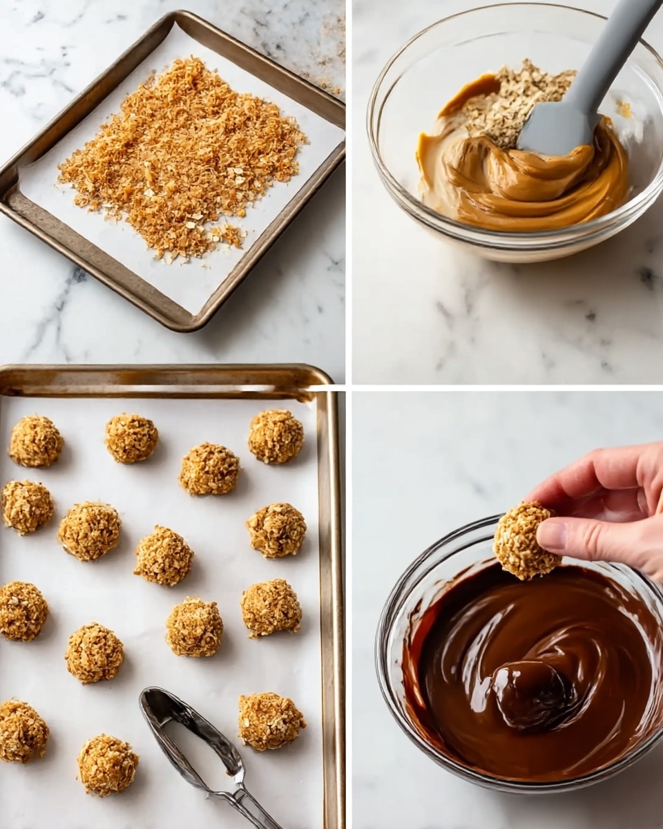 The image shows four parts of cookie making. The top left part has a baking tray with toasted light brown coconut flakes spread evenly. The top right part shows a clear glass bowl containing light brown peanut butter, creamy white condensed milk, and crushed oats, with a gray spatula resting inside. The bottom left part displays small, round cookie dough balls, light brown and textured, arranged in rows on white parchment paper on a baking tray; a silver cookie scoop holds one ball. The bottom right part shows a woman's hand dipping a small, round cookie into a clear glass bowl filled with melted dark brown chocolate, with some chocolate streaks inside the bowl. The surface under all items is white marble. Photo taken with an iphone --ar 4:5 --v 7