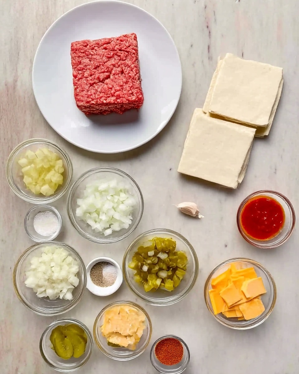 The image shows several small white bowls and plates on a white marbled surface, each containing different ingredients for cooking. In the top left corner, there is a white plate with a block of raw ground meat, red in color with a textured surface. Next to it on the right, there is a white plate with four square sheets of light beige dough, smooth and flat. Below these, there are multiple small glass bowls filled with finely chopped white onions, small yellow and green pickles, pale yellow liquid, diced yellow cheddar cheese, and a bright red tomato paste. There are also small white bowls with a powdered mix of salt and pepper, a bright red spice, and white creamy sauce. A single peeled clove of garlic lies near the center. The overall arrangement is neat, with each ingredient clearly visible and separated. photo taken with an iphone --ar 4:5 --v 7