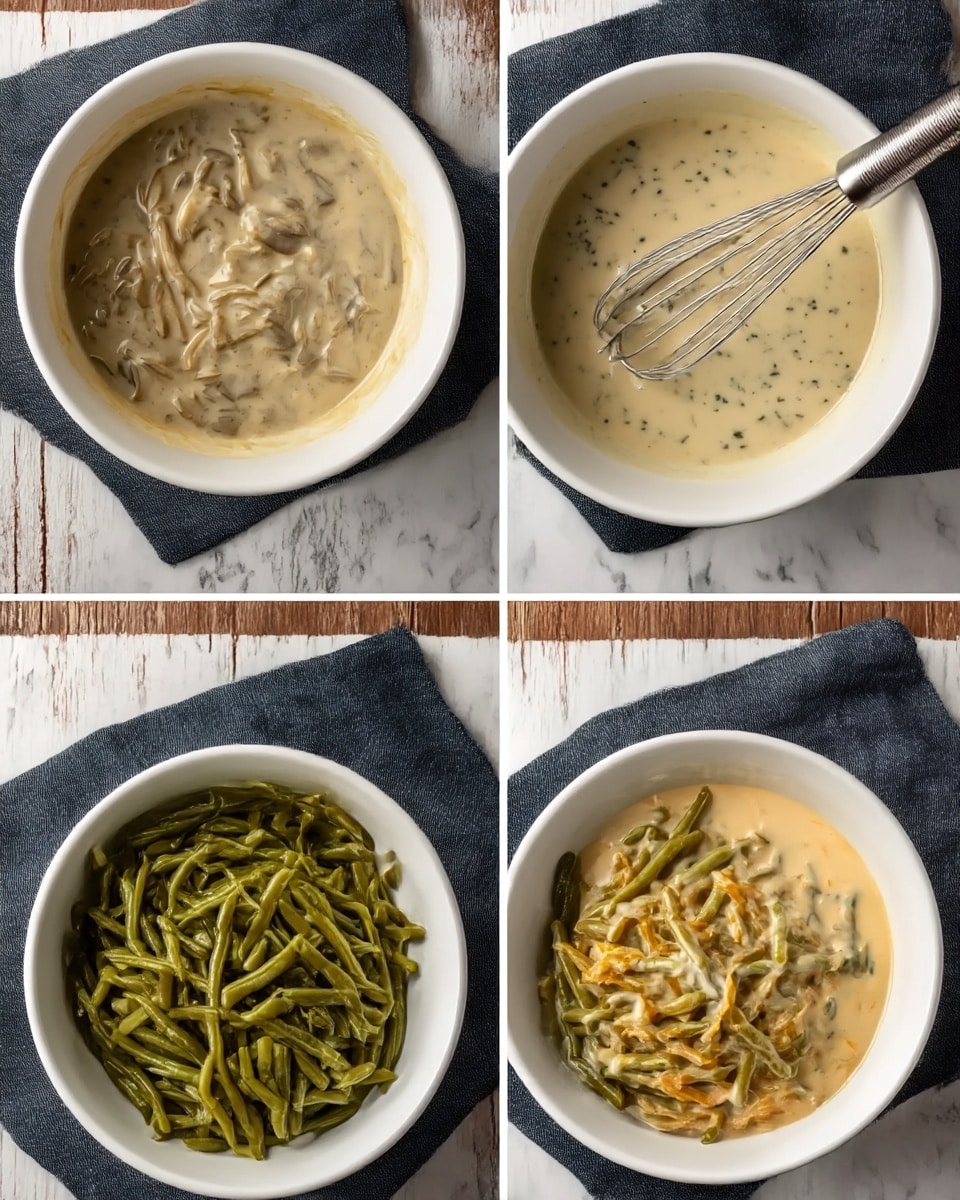 A white bowl sits on a dark cloth over a white marbled surface, shown in four stages: the first stage has a thick, beige creamy mixture with mushroom bits inside; the second stage shows a smooth, light beige sauce with some black specks and a metal whisk resting inside; the third stage contains bright green cooked green beans filling the bowl fully; the last stage features the green beans now covered with a creamy sauce mixed evenly, light beige with some green and orange bits visible. Photo taken with an iphone --ar 4:5 --v 7