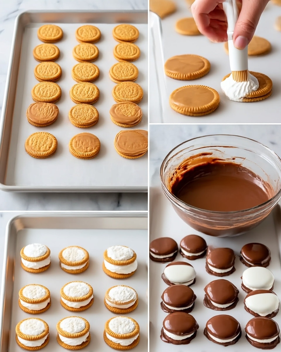 The image shows a step-by-step visual of making sandwich cookies with layers. The first layer depicts round golden brown crackers lined up neatly in rows on a white tray placed on a white marbled surface. The next layer shows the same crackers with a smooth layer of light brown peanut butter spread on top, evenly covering each cracker. The third layer features a close-up of a woman's hand piping white cream filling onto the peanut butter layer on one cracker. The fourth layer shows a completed sandwich cookie with two crackers enclosing a thick white cream filling between them. The fifth layer presents a glass bowl filled with smooth, melted dark brown chocolate. The final layer displays the sandwich cookies dipped in either white or dark chocolate arranged in rows on a white tray on the same white marbled surface; the chocolate coating is shiny and covers the full top of each cookie. Photo taken with an iphone --ar 4:5 --v 7