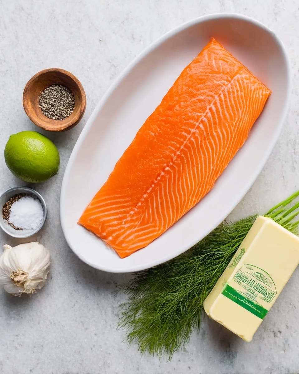 A large piece of bright orange salmon with fine white lines is placed in a white oval dish on a white marbled textured surface. To the right of the dish, there is a stick of butter with green writing, a green lime, a small bunch of fresh dill, three cloves of garlic, and two small bowls holding salt and black pepper. The colors include the orange of the salmon, green from the lime and dill, white and beige from the garlic, and light brown from the wooden bowl, all arranged neatly against the white marbled background. photo taken with an iphone --ar 4:5 --v 7