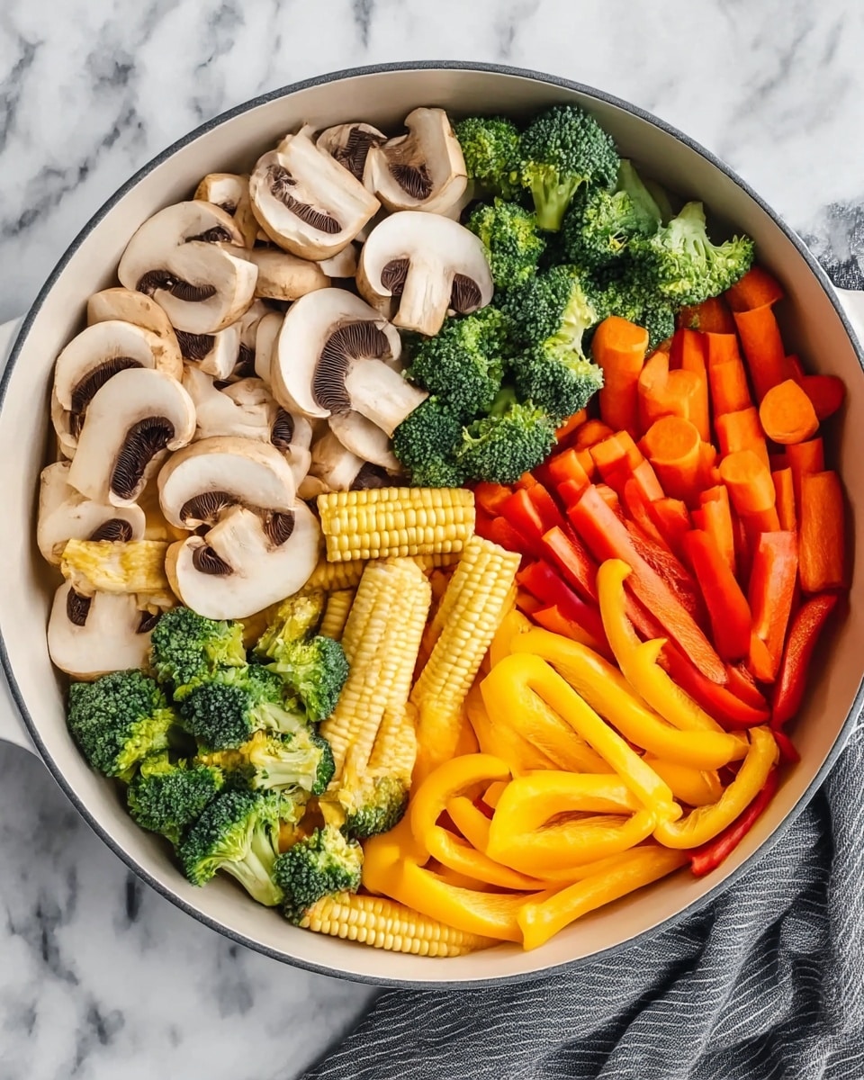 A round white pan filled with five types of fresh vegetables, each grouped in separate sections. The top left section has sliced white mushrooms with visible dark brown gills, the top right section shows small green broccoli florets, the bottom right section contains bright orange carrot slices, the center bottom section holds pale yellow baby corn, and the bottom left section features long strips of yellow and red bell peppers. The pan is placed on a white marbled surface with a gray and white striped cloth partially visible on the right side. photo taken with an iphone --ar 4:5 --v 7