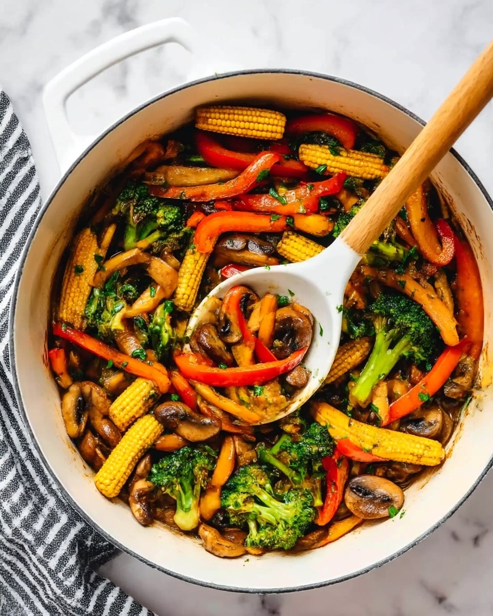 The image shows a white cooking pot filled with cooked vegetables arranged in layers. The bottom layer has small brown mushrooms and bright green broccoli florets. On top are baby corn pieces, orange and red bell pepper strips, and green herbs sprinkled all over. A white spoon with a wooden handle is resting inside the pot, scooping some of the vegetables. The pot is set on a white marbled surface with a black and white striped cloth nearby. photo taken with an iphone --ar 4:5 --v 7