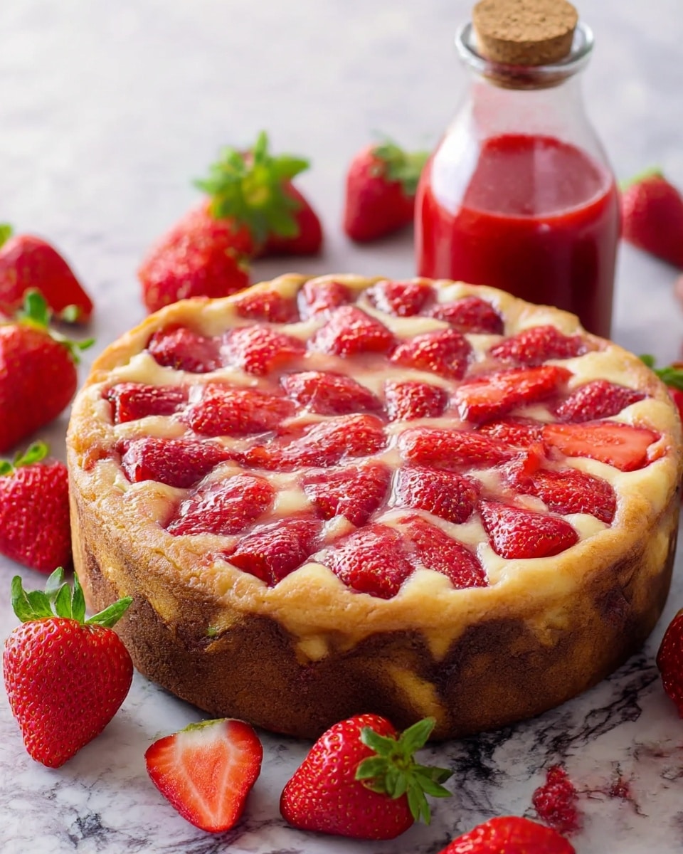 A round strawberry cake with a golden brown crust and a soft, creamy texture on top, filled with whole red strawberries embedded into the surface in a pattern covering the entire top layer. The cake is placed on a white marbled surface with fresh red strawberries scattered around and a glass bottle of strawberry sauce with a cork stopper in the background. The cake looks thick, with the side showing a darker baked color. Photo taken with an iphone --ar 4:5 --v 7