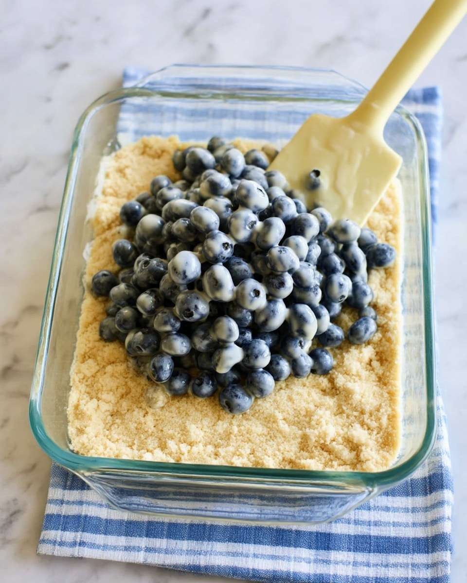 A clear glass baking dish holds two layers visible from above; the bottom layer is a light tan, crumbly crust with a rough texture spread evenly across the base, and on top sits a pile of fresh blueberries coated in a thick, pale cream, giving them a shiny, wet look. A pale yellow spatula rests in the back of the dish, slightly embedded in the crust. The baking dish is placed on a blue and white checkered cloth over a white marbled surface. photo taken with an iphone --ar 4:5 --v 7