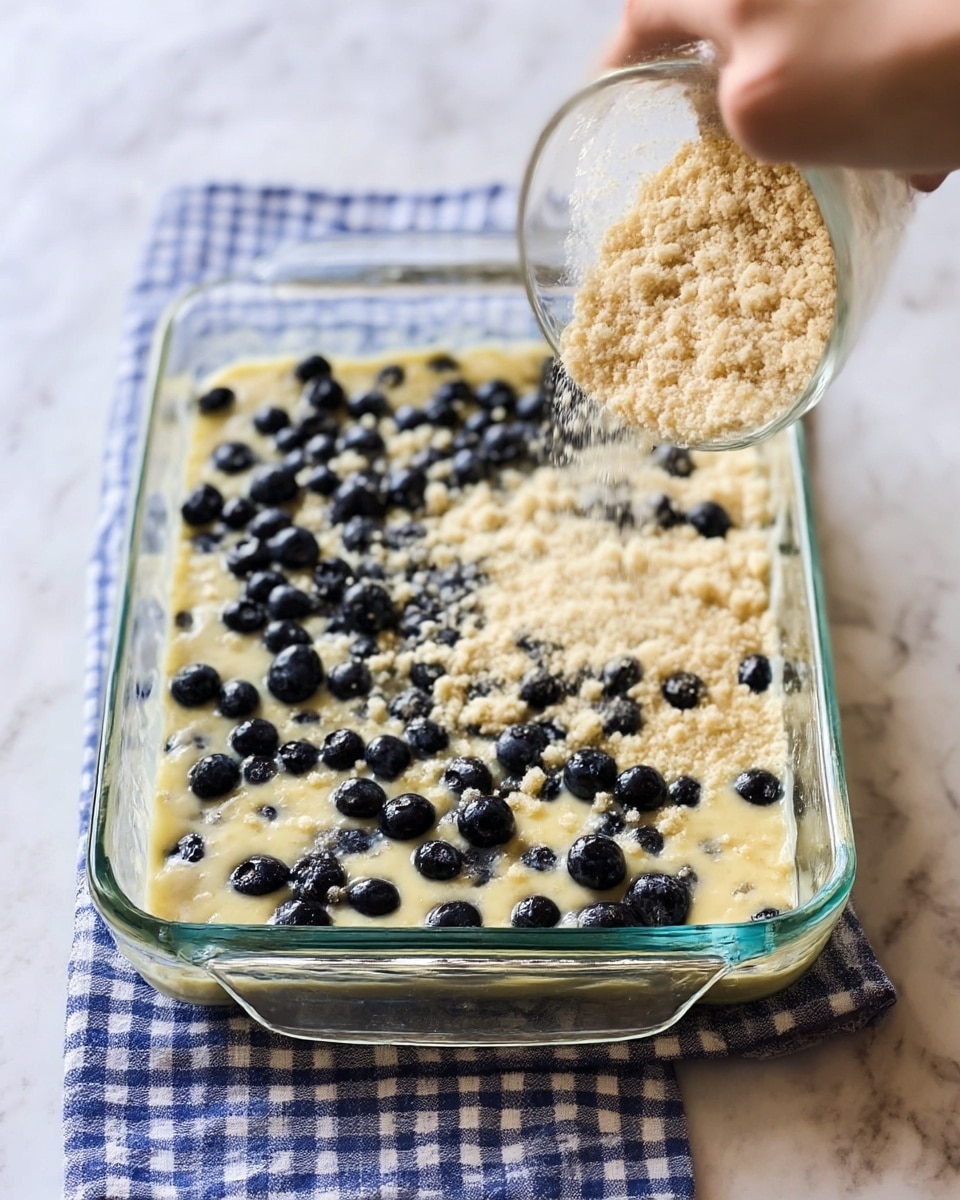 A clear glass baking dish sits on a blue and white checkered cloth over a white marbled surface. The dish contains a base layer of pale yellow batter, topped with scattered dark blue blueberries spread mostly evenly across the surface. On one side, a woman's hand is sprinkling a powdery, light beige crumb topping over the blueberries, creating a contrast between the smooth batter, the round berries, and the crumbly texture. The baking dish fills almost the whole frame with soft daylight highlighting the textures. Photo taken with an iphone --ar 4:5 --v 7