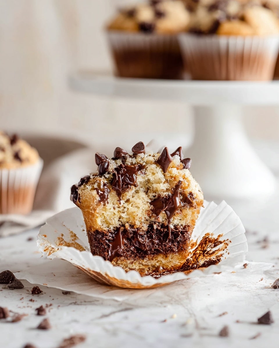 A close-up view of a chocolate chip muffin with its white paper liner peeled back, showing three layers: a light brown crumbly top with dark chocolate chips scattered on top, a middle moist layer filled with melted dark chocolate chips creating a gooey texture, and a dense bottom layer stained with chocolate. In the blurred background, there are more muffins on a white cake stand. The whole scene is set on a white marbled surface with some chocolate chip crumbs scattered around. Photo taken with an iphone --ar 4:5 --v 7