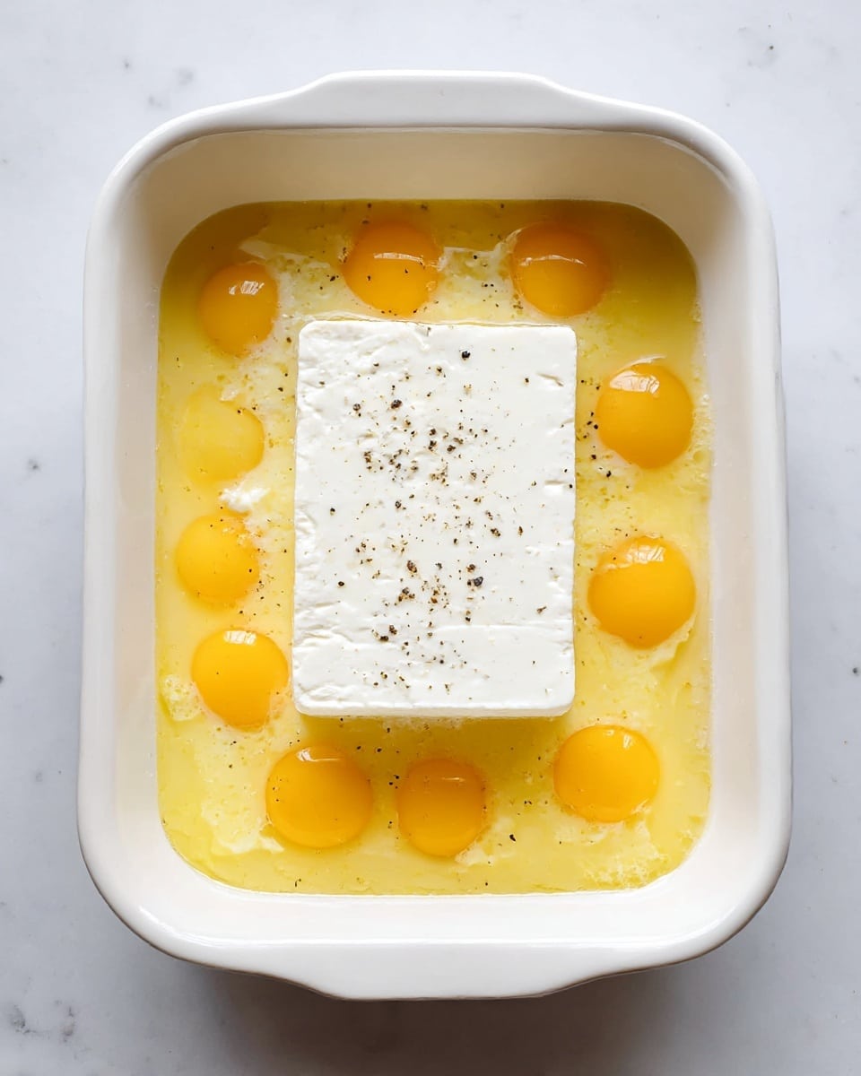 A white rectangular ceramic dish holds a mix of twelve raw egg yolks and egg whites spread out evenly, forming a golden yellow layer with a slightly translucent texture. In the center, there is a large rectangular block of white cheese with a few small holes and specks of black pepper scattered on top. The entire dish sits on a white marbled surface, creating a clean and bright background. photo taken with an iphone --ar 4:5 --v 7