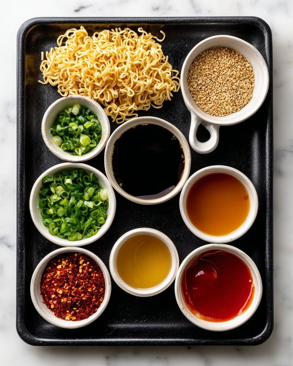 A black tray on a white marbled surface holds several small white bowls and a cluster of dry ramen noodles in the top left corner. The bowls contain different sauces and seasonings: bright green chopped green onion, garlic, and ginger; dark brown soy sauce; pale yellow rice vinegar; amber honey; light brown sesame oil; clear golden oil; bright red chili garlic sauce; deep reddish sriracha; and a bowl filled with small crushed red pepper flakes. Each bowl is neatly arranged in rows, showcasing a variety of smooth and textured liquids in rich tones. The dry ramen noodles have a wavy texture and a warm golden color. photo taken with an iphone --ar 4:5 --v 7