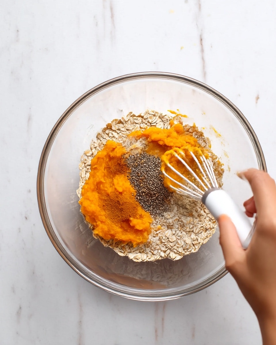 The image shows a clear glass bowl placed on a white marbled surface. Inside the bowl, there are several layers of ingredients: a base layer of light beige rolled oats, a thick bright orange pumpkin puree on one side, and a small sprinkle of dark brown ground spices and black chia seeds scattered on top toward the middle. In the second image, a woman’s hand is holding a white whisk, mixing the ingredients inside the same clear glass bowl, blending the orange pumpkin puree with oats, spices, and chia seeds. The whole setting is bright and clean, focusing on the mixing action photo taken with an iphone --ar 4:5 --v 7
