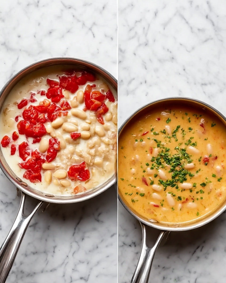 The image shows two metal pans on a white marbled surface. The left pan has three layers: a thick white creamy base at the bottom with a smooth texture, chunks of white beans mixed in, and a topping of small bright red tomato pieces with some creamy sauce around them. The right pan shows a fully mixed creamy soup with a light orange color, with white beans slightly visible inside, topped with small green chopped herbs scattered on top. Both pans have metal handles facing the bottom right. Photo taken with an iphone --ar 4:5 --v 7