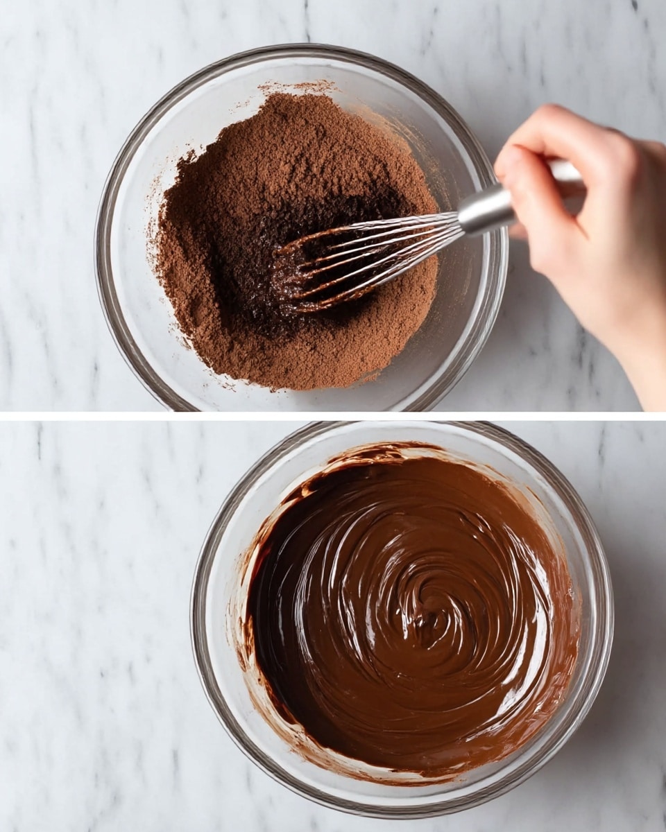 The first image shows a clear glass bowl with a dark brown, powdery mix around the edges and a thicker, slightly lumpy chocolate batter forming in the center, being stirred with a woman's hand holding a small whisk. The second image shows the same clear glass bowl with a smooth, shiny, dark chocolate batter spread evenly inside, with swirl patterns visible from mixing. Both images have a white marbled surface background. photo taken with an iphone --ar 4:5 --v 7