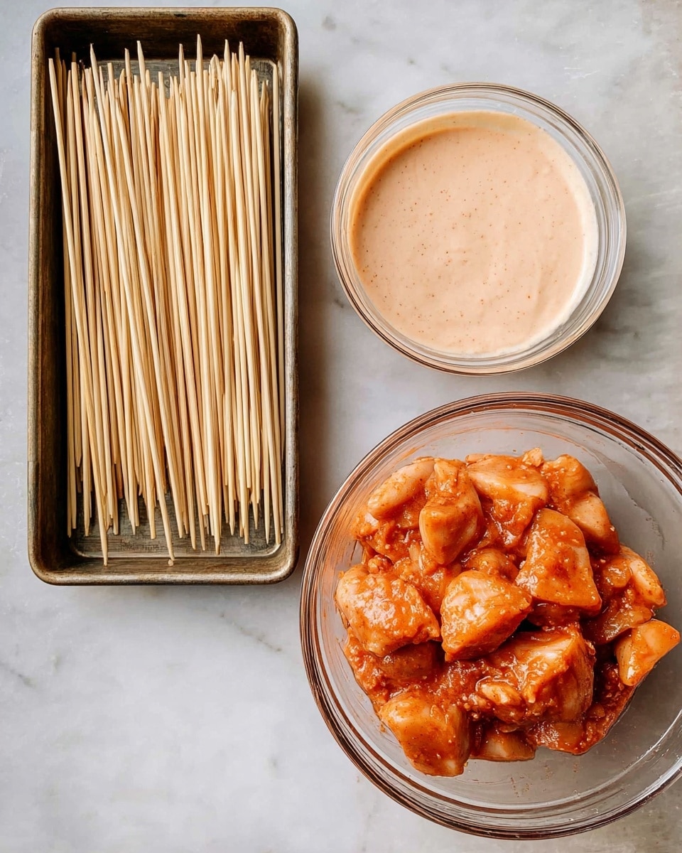The image shows three main items on a white marbled surface: a metal tray on the left holding many thin bamboo skewers arranged roughly parallel; a small clear glass bowl at the top right filled with light pink creamy sauce; and a larger clear glass bowl at the bottom right filled with raw chicken pieces coated in a reddish-orange marinade. photo taken with an iphone --ar 4:5 --v 7