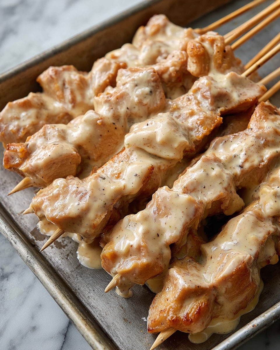 Several wooden skewers are lined up diagonally on a metal tray, each skewer holding chunks of light orange meat coated thickly in a creamy, pale sauce with visible specks of seasoning. The meat pieces are uneven in shape and layered closely together on each skewer, with the creamy sauce covering much of the surface, giving a moist and rich texture. The tray rests on a surface with a white marbled texture. Photo taken with an iphone --ar 4:5 --v 7