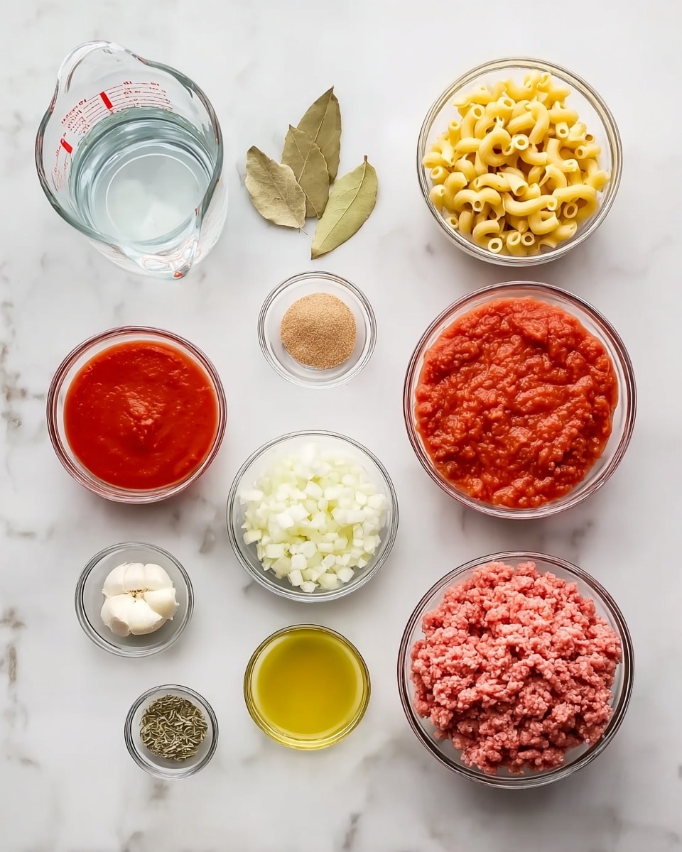 The image shows a white marbled surface with ten clear glass bowls of different sizes, each filled with separate ingredients arranged neatly. Starting from top left, a large measuring cup with water, next a small bowl with two bay leaves, to its right a medium bowl filled with cooked macaroni pasta, then a medium bowl of chopped canned tomatoes with juice. Below these, a medium bowl contains a smooth red tomato sauce, next to it is a small bowl of chopped white onions. In the bottom row going left to right, there is a tiny bowl of minced garlic, another tiny bowl of dried herbs, a slightly larger bowl with a light brown powder, a tiny bowl of clear light yellow olive oil, and a large bowl filled with ground meat colored pinkish-red. The bowls are arranged evenly with good spacing, all on the white marbled background photo taken with an iphone --ar 4:5 --v 7
