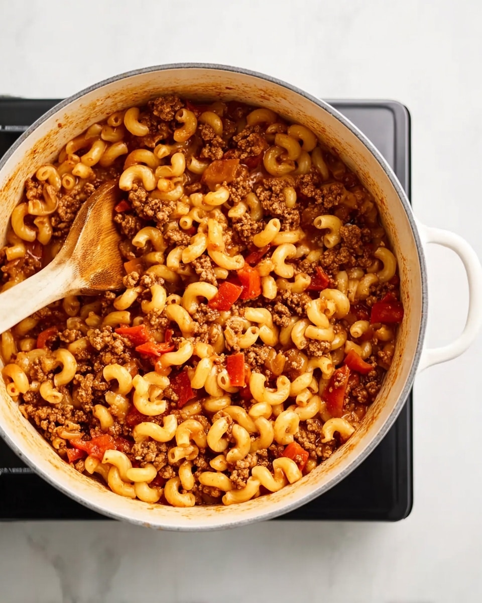 A white pot filled with macaroni pasta mixed with browned ground meat and diced red bell peppers. The pasta is coated with a light red sauce, giving a slightly shiny look. The pot is placed on a black hot plate, and a wooden spoon rests inside the pot, partially covered by the macaroni and meat mixture. The background is a white marbled surface. photo taken with an iphone --ar 4:5 --v 7