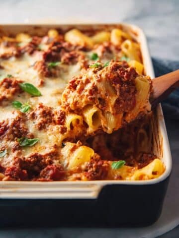 Baked Ziti with Ground Beef, Provolone, and Mozzarella Recipe