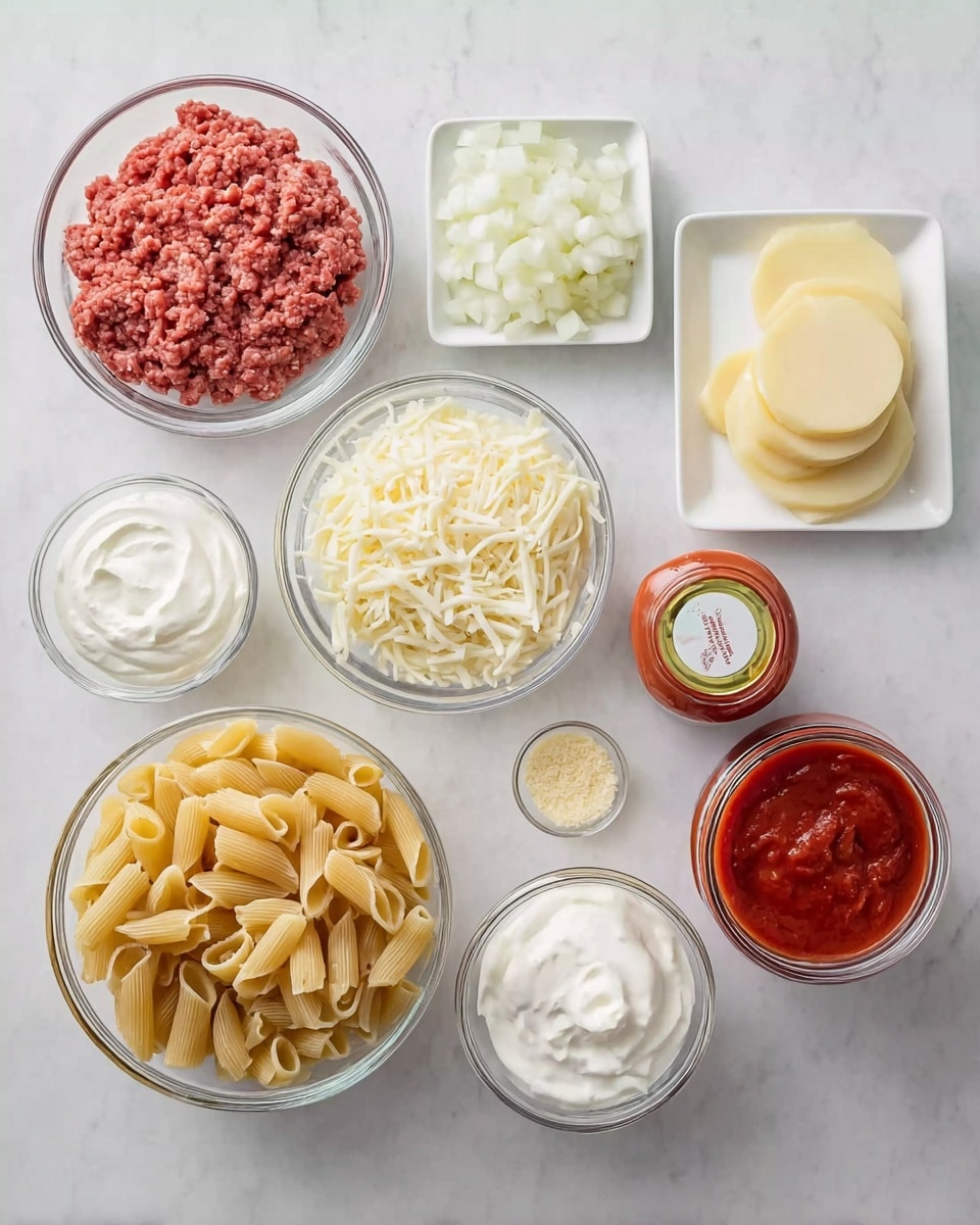 The image shows several clear glass bowls and a white square dish on a white marbled surface. The top left bowl holds raw ground beef that is reddish pink with a soft texture. To its right is a bowl filled with white chopped onions, small and uneven pieces. Next to it, the white dish contains smooth, round slices of pale yellow cheese stacked neatly. Below the onions, a clear bowl is filled with shredded mozzarella cheese, white and stringy. Near the center bottom, there is a bowl holding creamy white sour cream with soft peaks and swirls. Below the ground beef to the left, a larger bowl contains cooked pasta, short tubular pieces in a pale yellow color. Near the shredded cheese bowl, a tiny bowl holds a small amount of grated Parmesan, light yellow and powdery. Finally, two glass jars filled with thick red tomato sauce sit to the right, one with its lid off showing rich sauce texture, the other with the lid on, both having yellow labels. All items are arranged neatly on the surface. Photo taken with an iphone --ar 4:5 --v 7