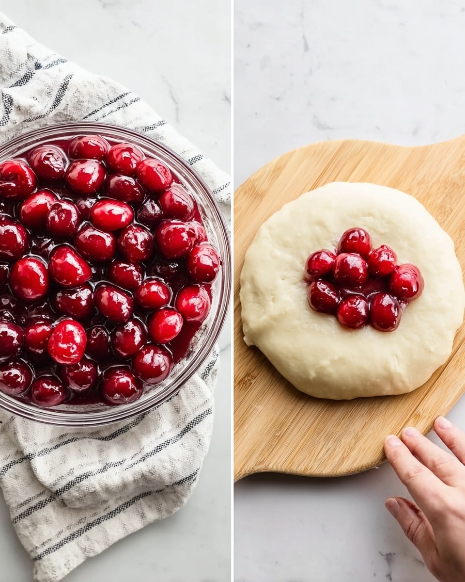 The image shows two side-by-side photos. On the left, there's a clear glass bowl filled with shiny, whole red cherries in syrup, sitting on a white and gray striped cloth, all placed on a white marbled surface. On the right, a round, pale dough disc is placed on a light wooden board with a small pile of the same red cherries and syrup in the center of the dough. A woman's hand is gently holding the edge of the board near the dough. photo taken with an iphone --ar 4:5 --v 7
