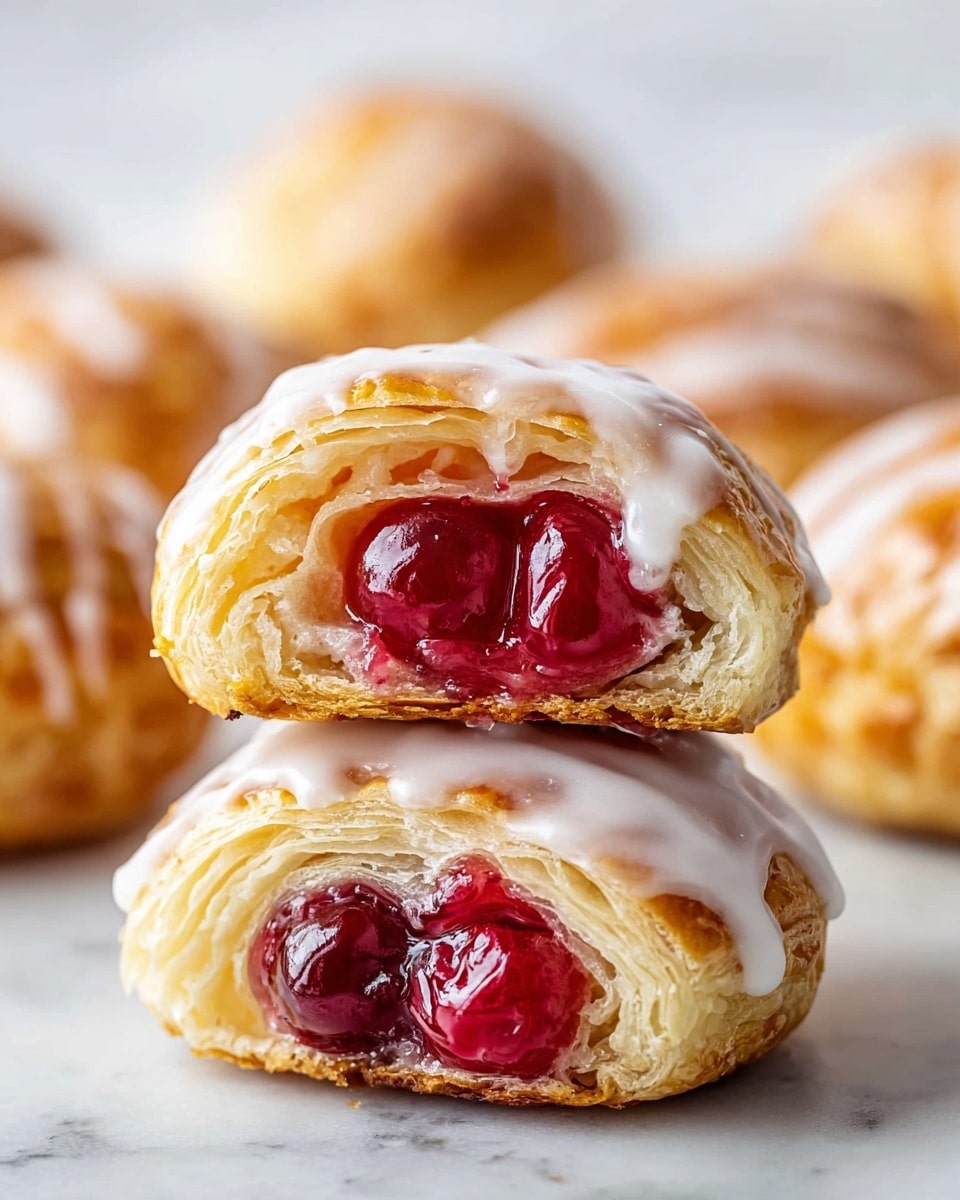 The image shows a close-up of a small round pastry with a golden, flaky crust that has multiple thin layers. The pastry is topped with white icing that drips down the sides. The pastry is cut in half and the top half is placed slightly on the bottom half, revealing a thick, shiny dark red cherry filling with whole cherries inside. In the background, there are more pastries out of focus on a white marbled surface. photo taken with an iphone --ar 4:5 --v 7