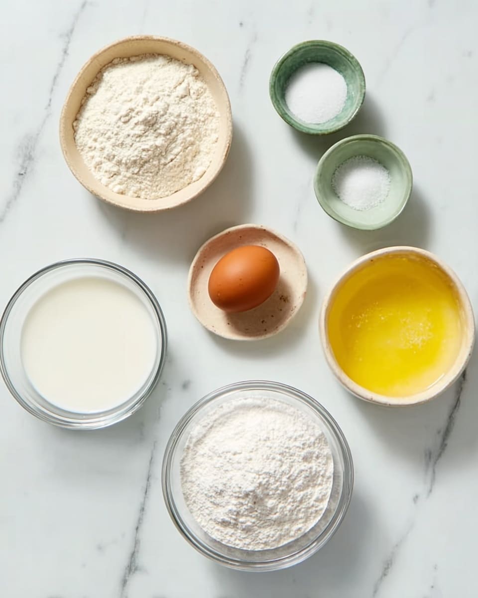 The image shows a white marbled surface with six bowls and a brown egg arranged neatly. On the bottom left is a clear glass bowl filled with milk, next to it on the bottom right is another clear glass bowl filled with white flour. Above the milk bowl, there is a small beige bowl with salt, and to the upper middle right, a small green bowl holds a white powder. On the top right, a glass bowl contains melted yellow butter. Above the flour bowl and left of the butter bowl, a small beige bowl holds sugar. In the center above the milk and flour bowls, there is a single brown egg placed on a small beige dish. The colors mainly include white, beige, transparent glass, yellow, and brown, all placed on the white marbled texture. photo taken with an iphone --ar 4:5 --v 7