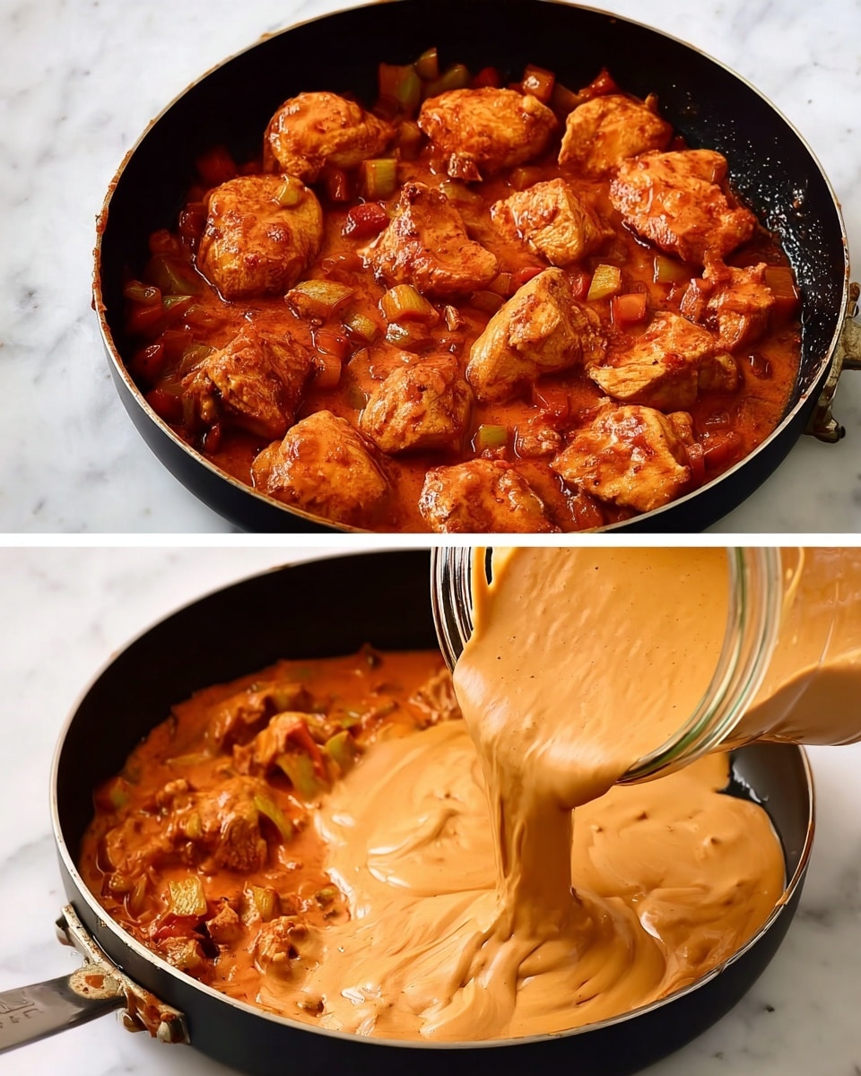 Two images show a black pan on a white marbled surface. The first image has nine pieces of cooked chicken in a reddish-orange sauce with small chunks of vegetables, filling the pan. The sauce looks thick and shiny. The second image shows the same chicken pieces in the pan being covered with a smooth, creamy, light brown sauce that is being poured from a glass jar, creating soft waves on the surface. Photo taken with an iphone --ar 4:5 --v 7