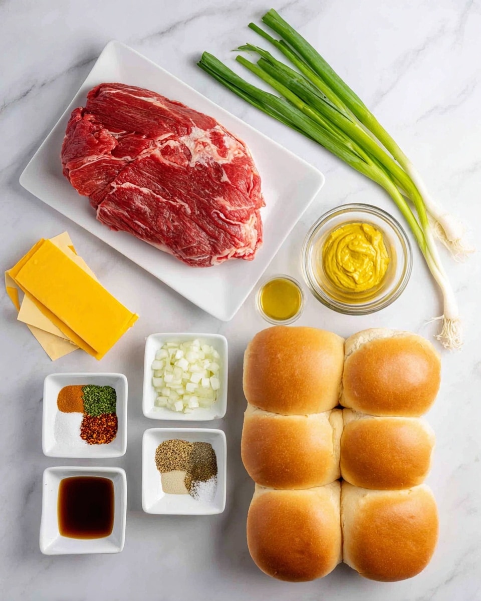 A white rectangular plate in the top center holds a large piece of raw red beef with some white fat streaks. Below it, there are several small white square and round bowls arranged in two rows containing different ingredients: finely chopped white onions, a yellow crushed paste, smooth mustard, clear liquid, half salt and black pepper, dark brown sauce, and a mix of red and green spices. To the left on the white marbled surface, there are slices of yellow cheese stacked and a stick of unsalted butter. On the right, three green onions with bulbs intact rest next to six soft, golden brown sandwich rolls placed in two rows. All items are laid out neatly, with a clean and bright setting. Photo taken with an iphone --ar 4:5 --v 7