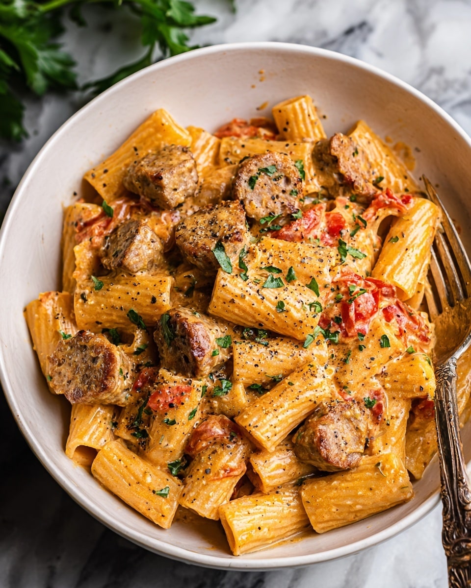A white bowl is full of rigatoni pasta coated in a creamy orange sauce mixed with small red tomato pieces. Round slices of browned sausage are spread evenly on top of the pasta, with finely chopped green herbs sprinkled over everything. The pasta has a textured surface, and the sauce looks rich and thick. Black pepper is lightly scattered across the dish, and a fork with a rustic wooden handle is placed inside the bowl. The bowl rests on a white marbled surface with some blurred green leaves in the background. photo taken with an iphone --ar 4:5 --v 7
