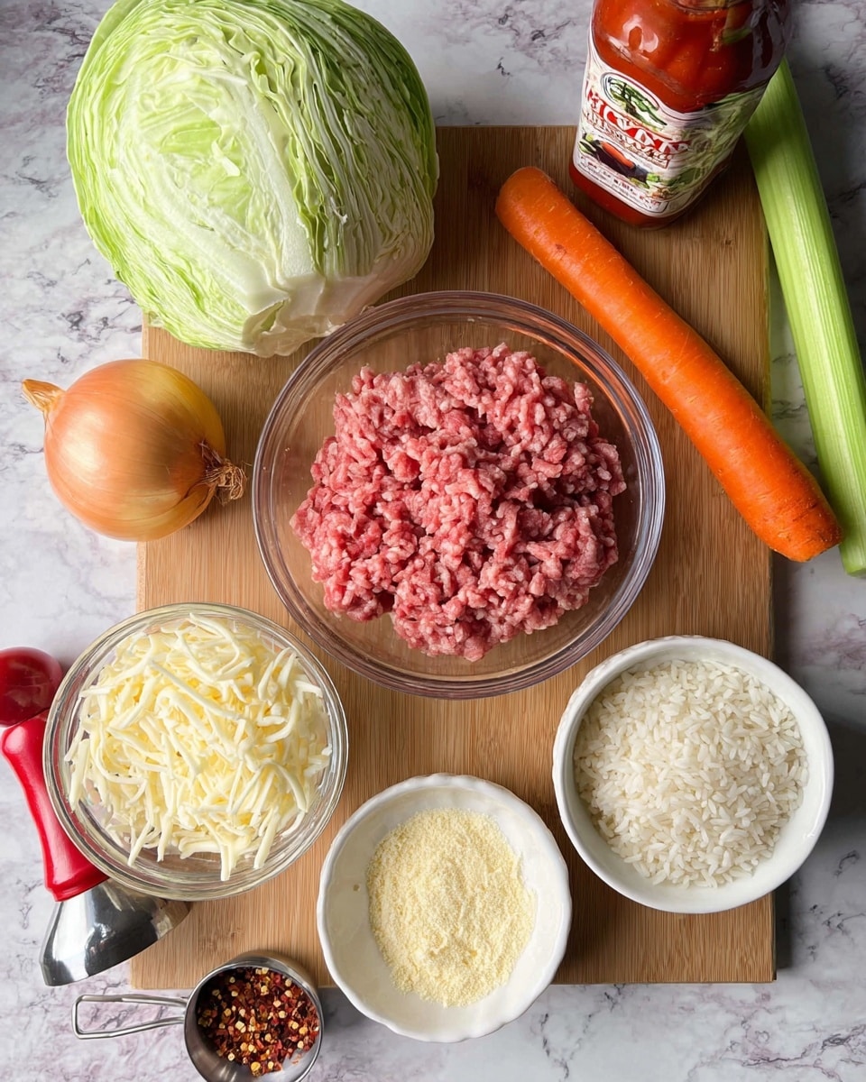 The image shows a variety of fresh ingredients arranged on a wooden board over a white marbled surface. At the center, there is a clear glass bowl filled with raw ground meat, which is pink with a slightly textured surface. Below it, to the left, another glass bowl holds shredded white cheese with thin, soft strands. To the right, a white bowl is filled with uncooked white rice, its grains smooth and small, and next to it is a smaller white bowl containing light yellow grated cheese or powder. Around these main bowls, a whole green cabbage with crinkled leaves sits on the top left, while a smooth, round, yellow onion, a bright orange carrot, and a green celery stalk are placed at the top right. A red bottle of V8 juice leans on the right side. There is also a silver measuring spoon with red chili flakes near the bottom left, and a red pepper grinder can be seen on the left edge of the image. photo taken with an iphone --ar 4:5 --v 7