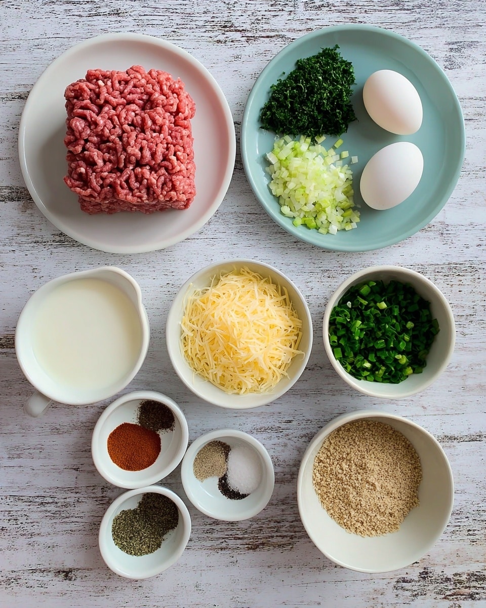 A top view of several white bowls and plates arranged on a white marbled textured surface, each holding different ingredients for cooking. Starting from the top left, a white plate holds a large rectangular mound of pink raw ground meat with visible meat strands. To the right, a white plate is divided into four color sections with finely chopped dark green herbs, bright green sliced scallions, white finely chopped onions, and minced yellow garlic. Next, a small white bowl holds two whole white eggs. Below, a small white bowl contains a light yellow shredded cheese pile, while a larger white bowl holds white milk. On the bottom left, a white bowl holds a mix of four seasonings: pink Himalayan salt, dark green dried herbs, black pepper, and deep red paprika grouped in small piles. In the middle bottom, another white bowl is filled with light brown fine breadcrumbs. The layout is neat with each element clearly visible and well spaced. photo taken with an iphone --ar 4:5 --v 7