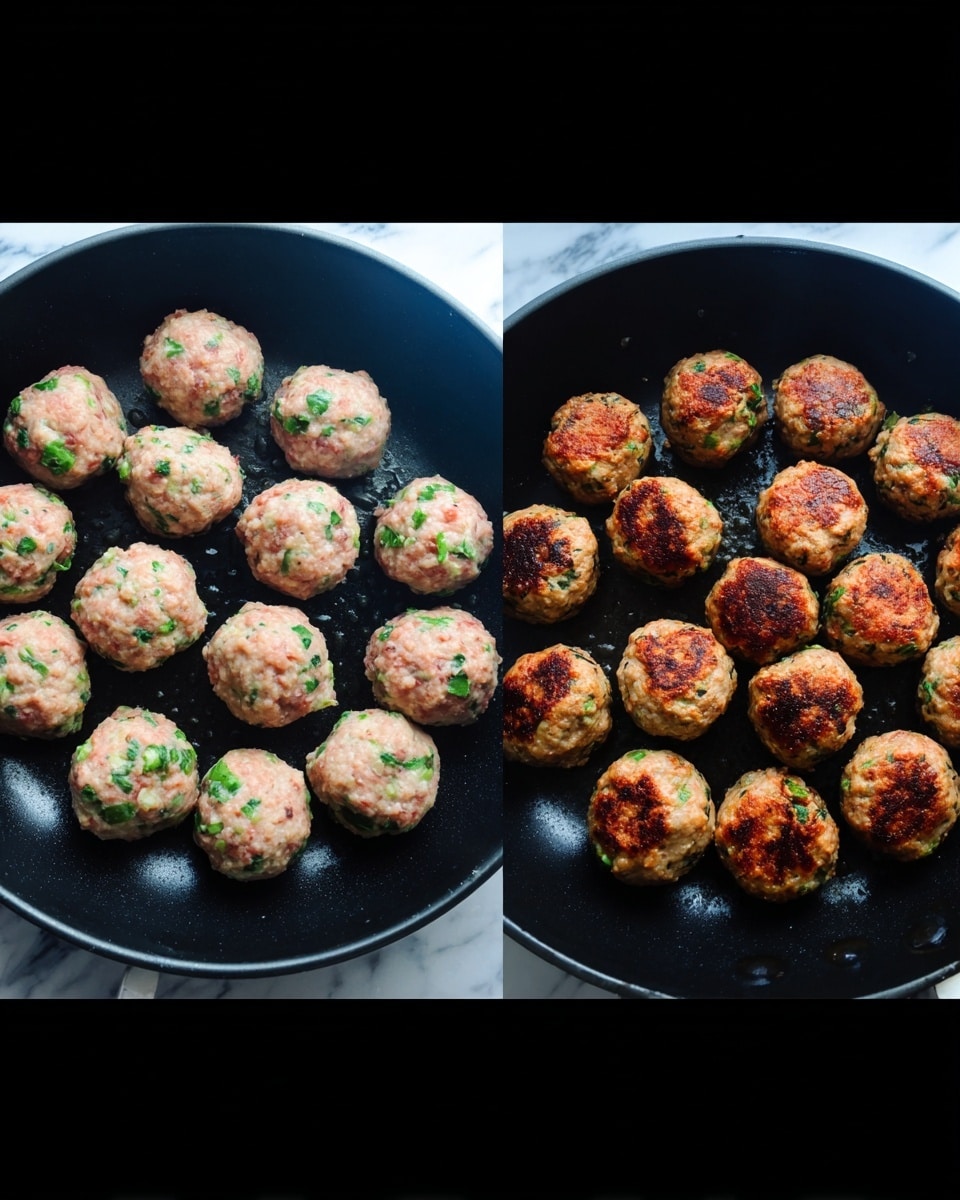The image shows two black pans side by side on a white marbled surface. The left pan contains raw meatballs, round and evenly spaced, with a pinkish color mixed with green herbs visible throughout. The right pan contains cooked meatballs that are browned on the top with some char spots, maintaining a similar round shape and the green herbs still visible in some parts. The meatballs are arranged in neat rows filling the pan. Photo taken with an iphone --ar 4:5 --v 7