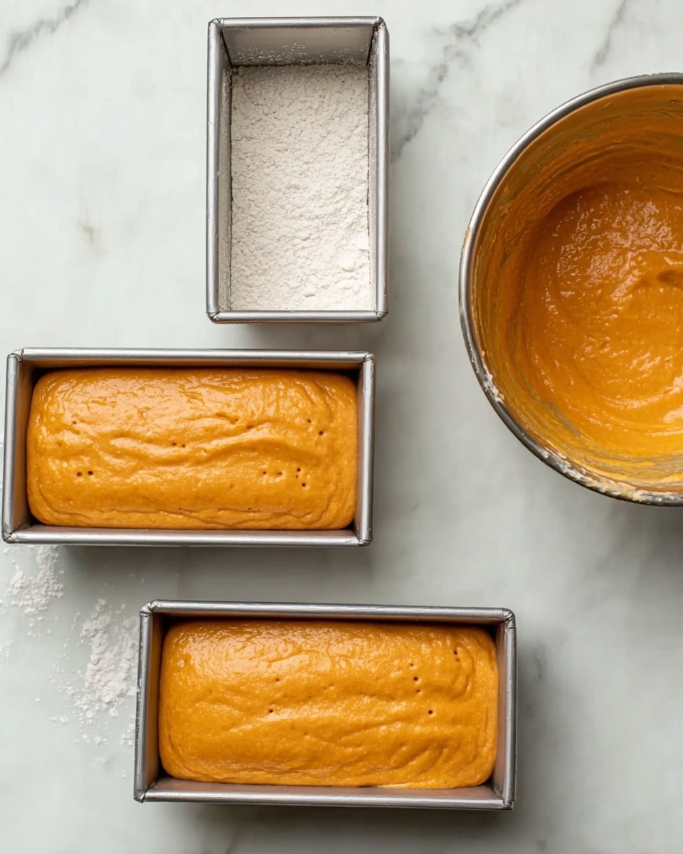The image shows three metal loaf pans on a white marbled surface. Two pans are filled with smooth, orange batter that has a slightly thick texture and a few small bumps. The third pan is empty but dusted with flour inside. On the upper right, a silver mixing bowl filled with more orange batter is partially visible. The batter looks rich and creamy, ready to bake. The scene is well lit with natural light. photo taken with an iphone --ar 4:5 --v 7