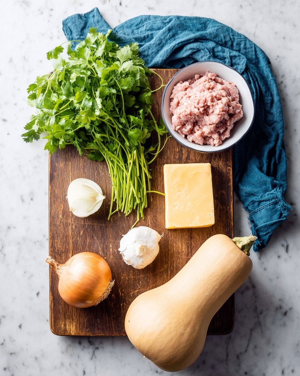 A wooden cutting board sits on a white marbled surface with six ingredients arranged on it. Starting from the top left, there is a fresh bunch of leafy green cilantro with long stems. To the right of the cilantro, a white bowl filled with pale pink ground meat sits near the top edge of the board. Below the bowl, a rectangular block of pale yellow cheese rests on the right side of the board. Near the center left of the board, a light orange onion and a small white garlic bulb with root fibers are placed side by side. To the right of these, a whole butternut squash with a smooth beige skin lies horizontally near the center bottom of the board. A blue cloth is draped casually at the top right corner of the board. The photo was taken with an iphone --ar 4:5 --v 7