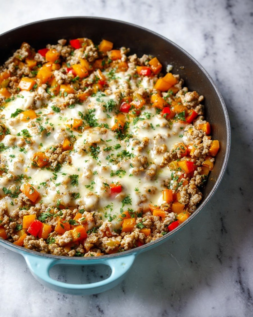 A close-up view of a light blue cast iron pan filled with cooked ground meat mixed with small diced orange and red bell peppers, and finely chopped green herbs scattered on top. The dish is topped with melted cheese that is creamy white and lightly browned, spread mostly in the center of the pan. The meat is light brown with visible texture, while the vegetables add bright orange and red colors all around. The pan is placed on a white marbled surface. photo taken with an iphone --ar 4:5 --v 7