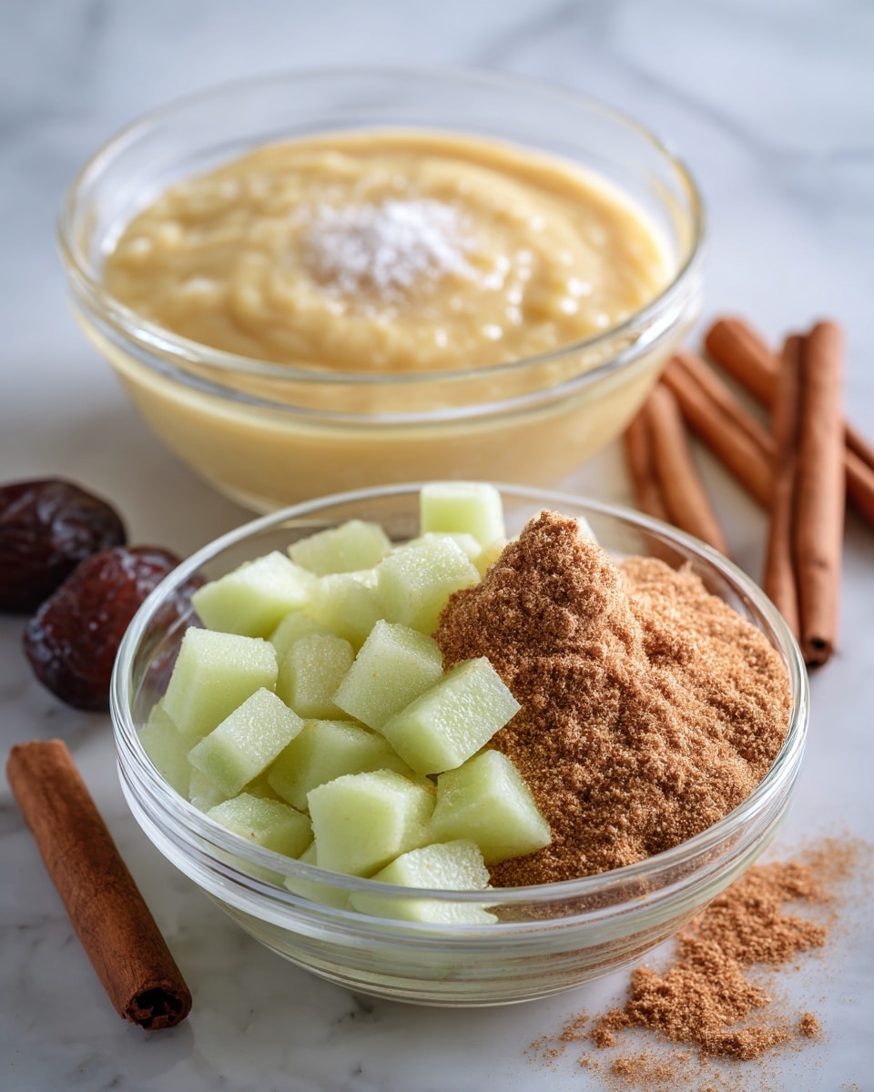 Two clear glass bowls sit on a white marbled surface. The front bowl is filled with small pale green cubes of fruit or vegetable, topped with a mound of brown powder and some white granules, likely spices and sugar. Behind it, a larger clear bowl holds a smooth, pale yellow batter with visible creamy texture on the sides. Some cinnamon sticks and a dark fruit are placed nearby on the surface. Photo taken with an iphone --ar 4:5 --v 7